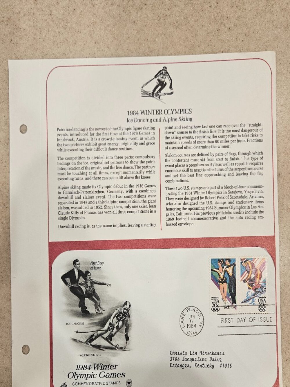 COLLECTIBLE USPS 1ST DAY ISSUE 1984 WINTER OLYMPIC GAMES DANCING SKIING STAMP